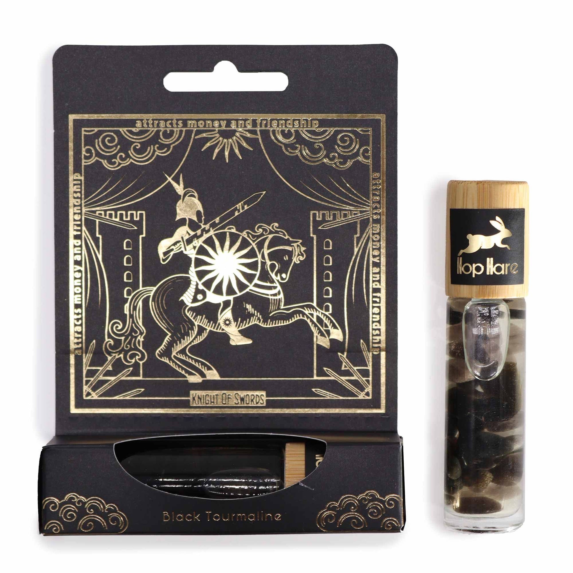 Roll-On Flasche mit schwarzem Turmalin und Tarot-Design.