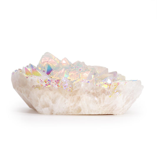 Großer Angel-Aura-Quarz-Cluster mit schillernden Regenbogenfarben.