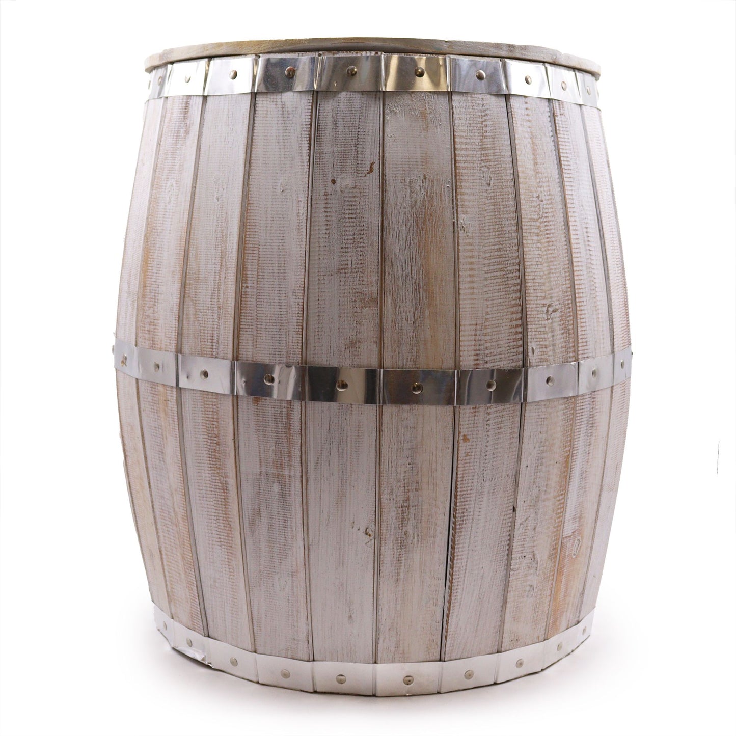 Bierfass-Tisch mit Whitewash-Finish und Metallakzenten.