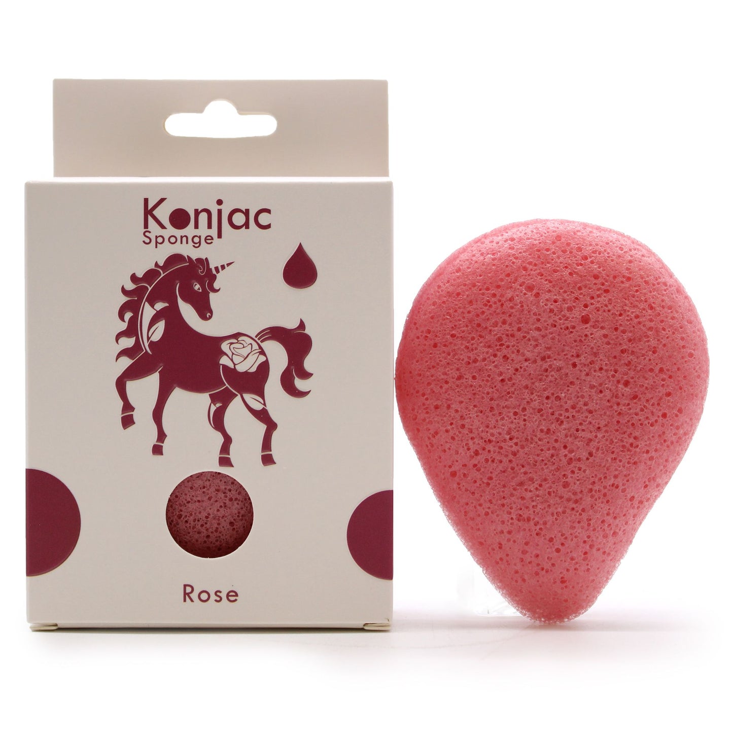 Teardrop-shaped pink Konjac sponge with a unicorn and rose design on the box.