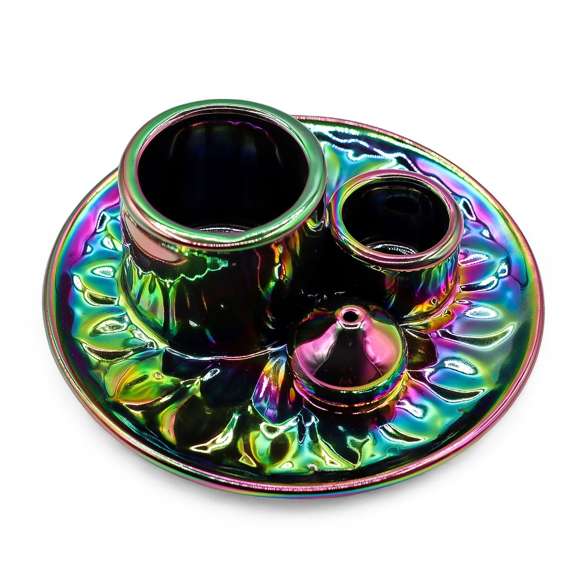 Ein bunter Keramik-Räucherhalter mit zwei Behältern und einem Deckel.