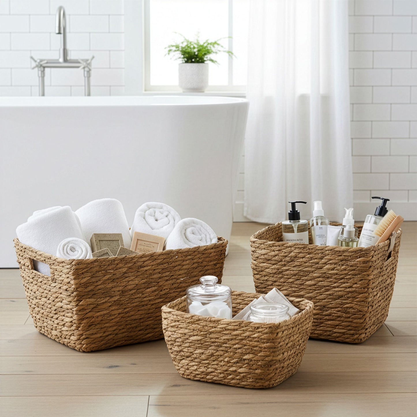 Set of 3 natural seagrass square baskets filled with towels, soap, and toiletries.