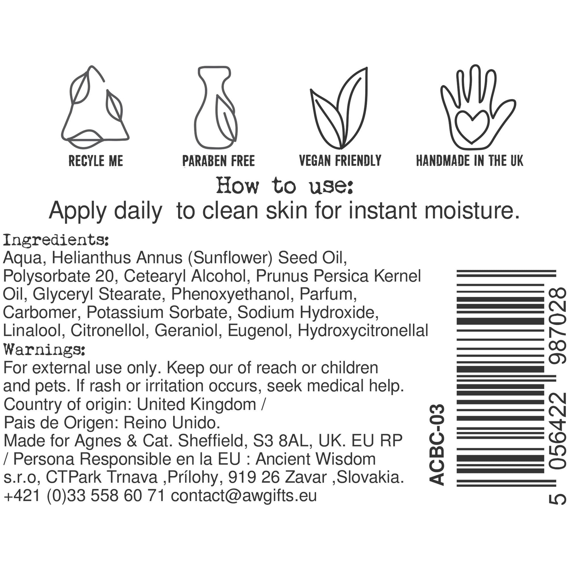 Hand and body cream with ingredients, usage instructions, and barcode.
