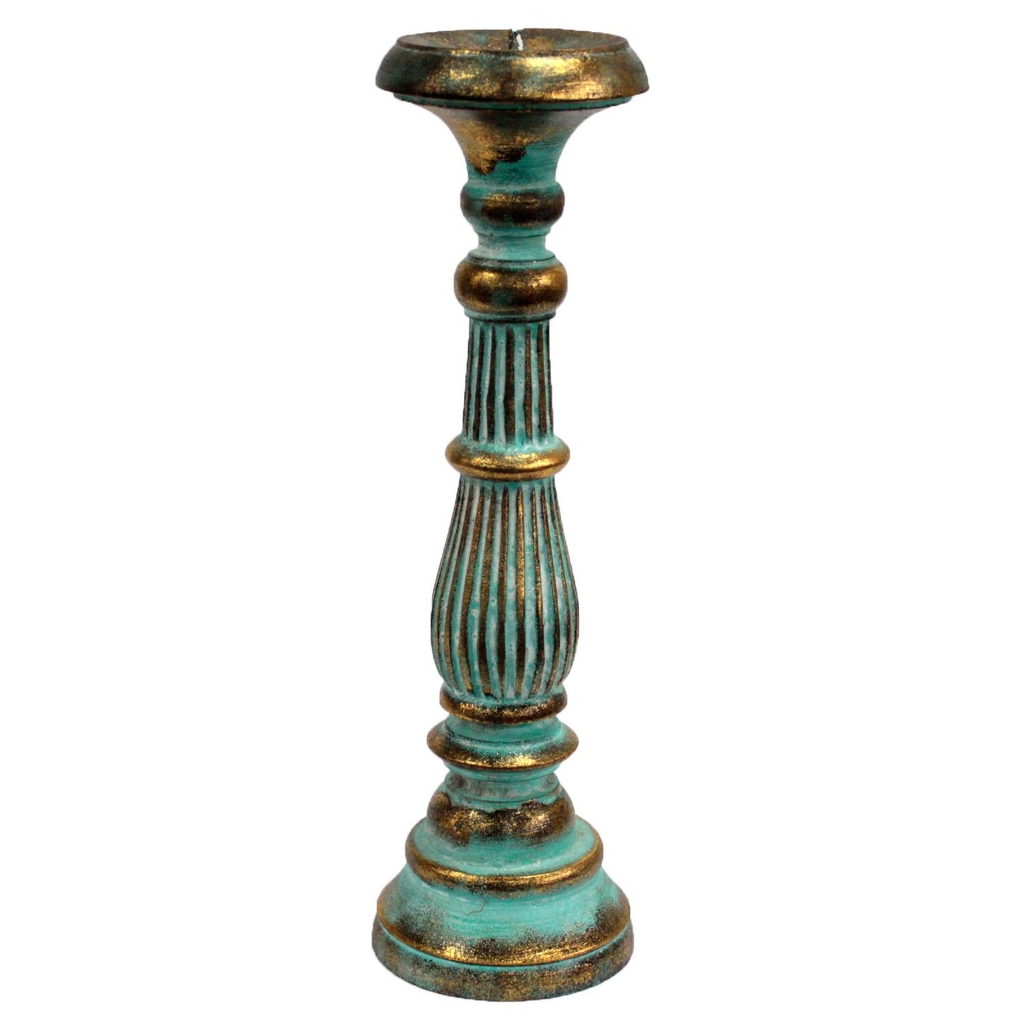 Großer Kerzenständer aus Holz in Türkis und Gold mit Vintage-Finish.
