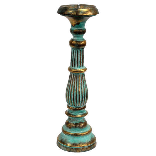 Großer Kerzenständer aus Holz in Türkis und Gold mit Vintage-Finish.