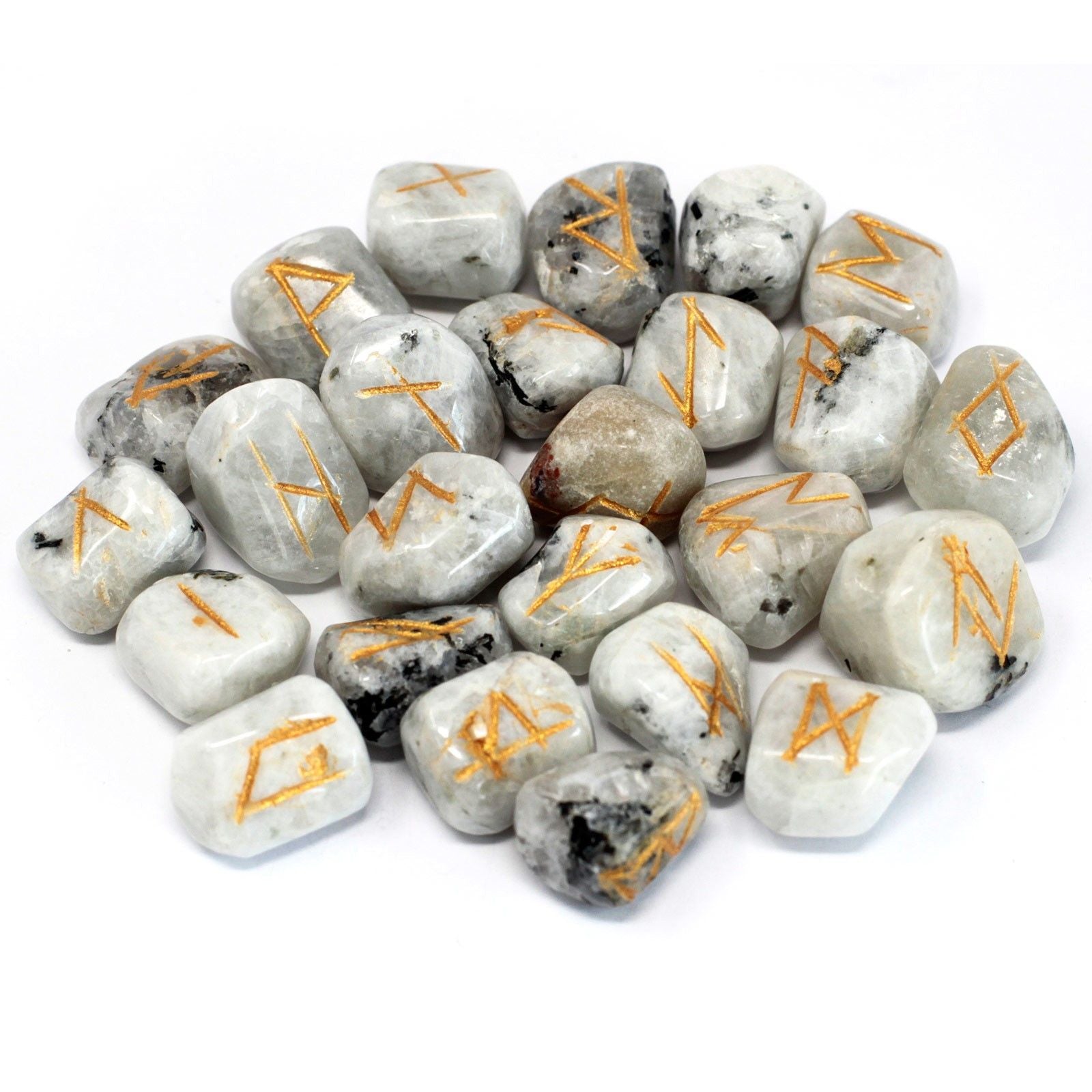A set of rainbow moonstone rune stones with gold symbols on a white background.