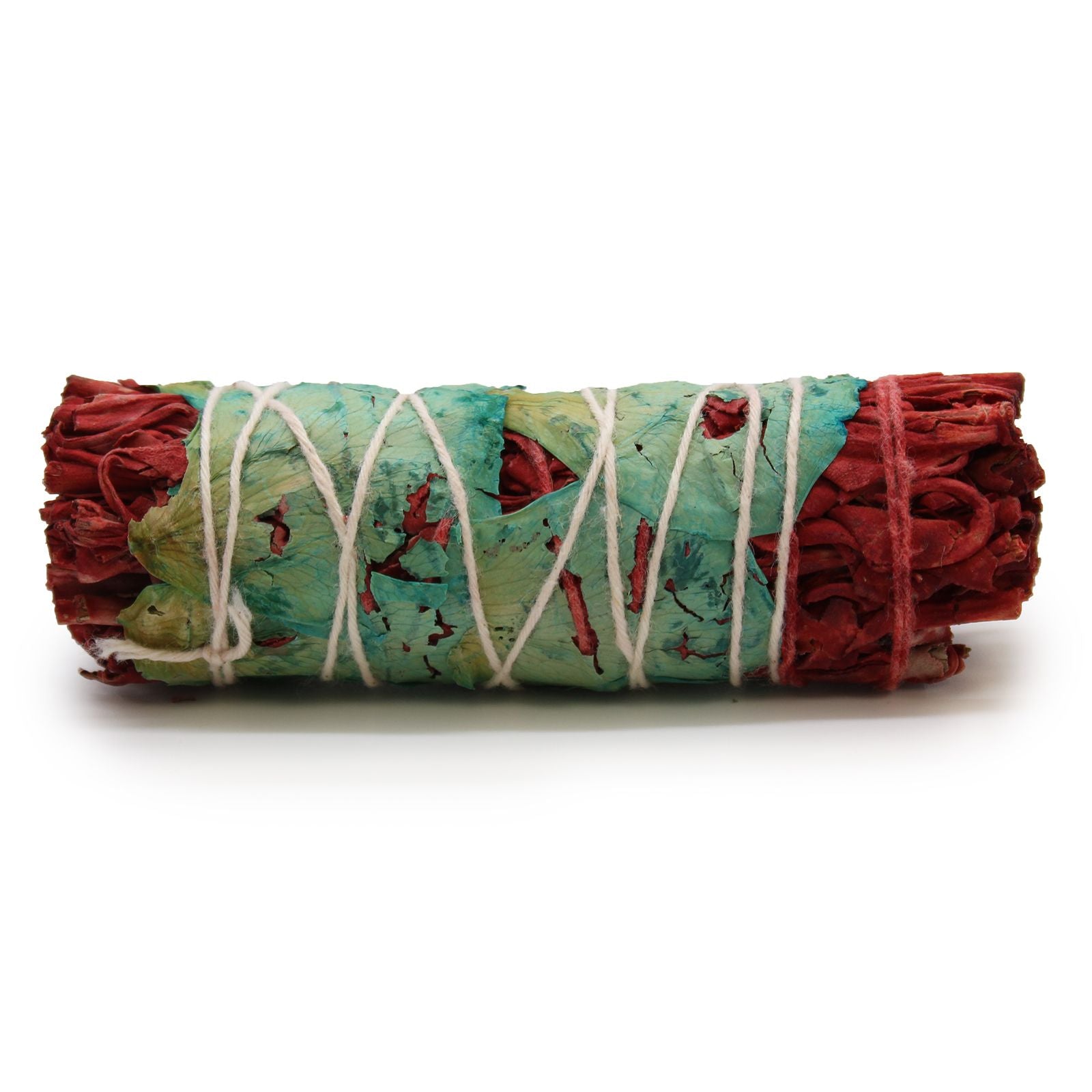 Smudge stick with white sage, dragon's blood, and flowers, bound with string.