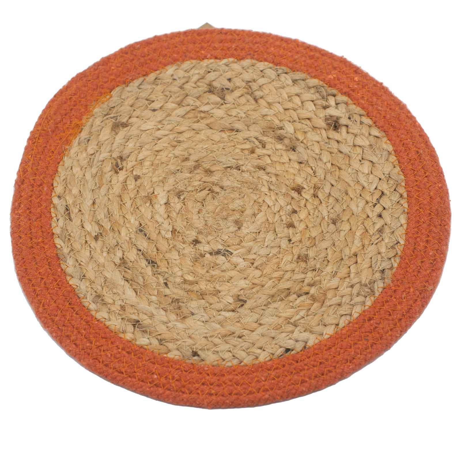 Round jute placemat with a textured orange border.