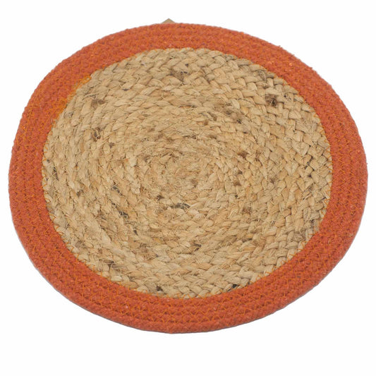Round jute placemat with a textured orange border.