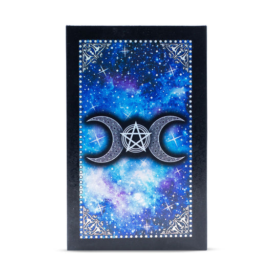 Blue foil tarot card set with moon face design on a starry background.