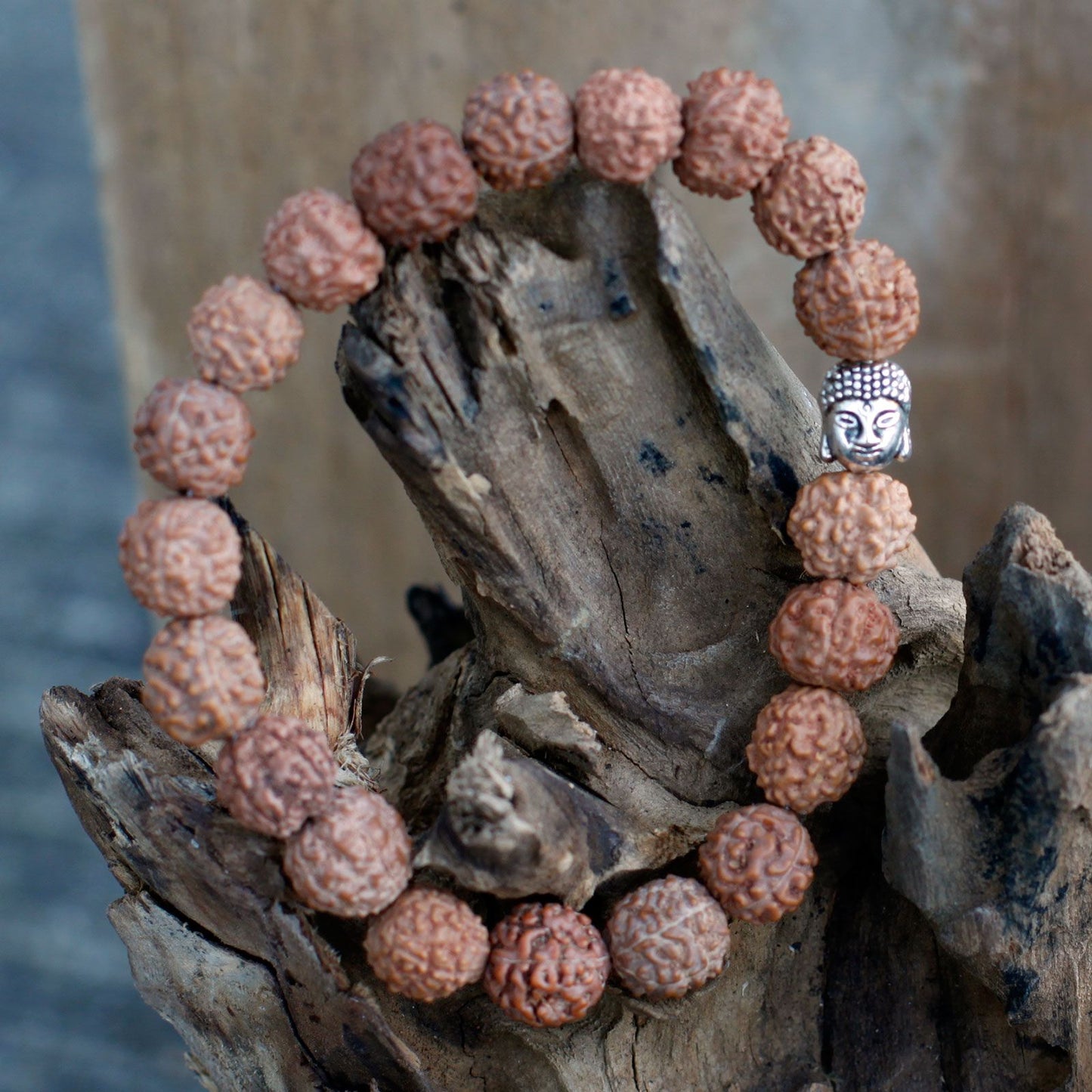Brown Rudraksha beads with a silver Buddha charm on a wooden surface.