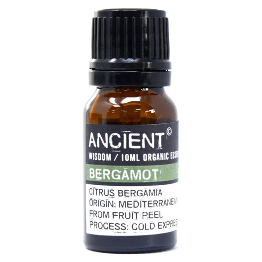 Eine 10ml Flasche Bio Bergamotteöl mit Etikett.