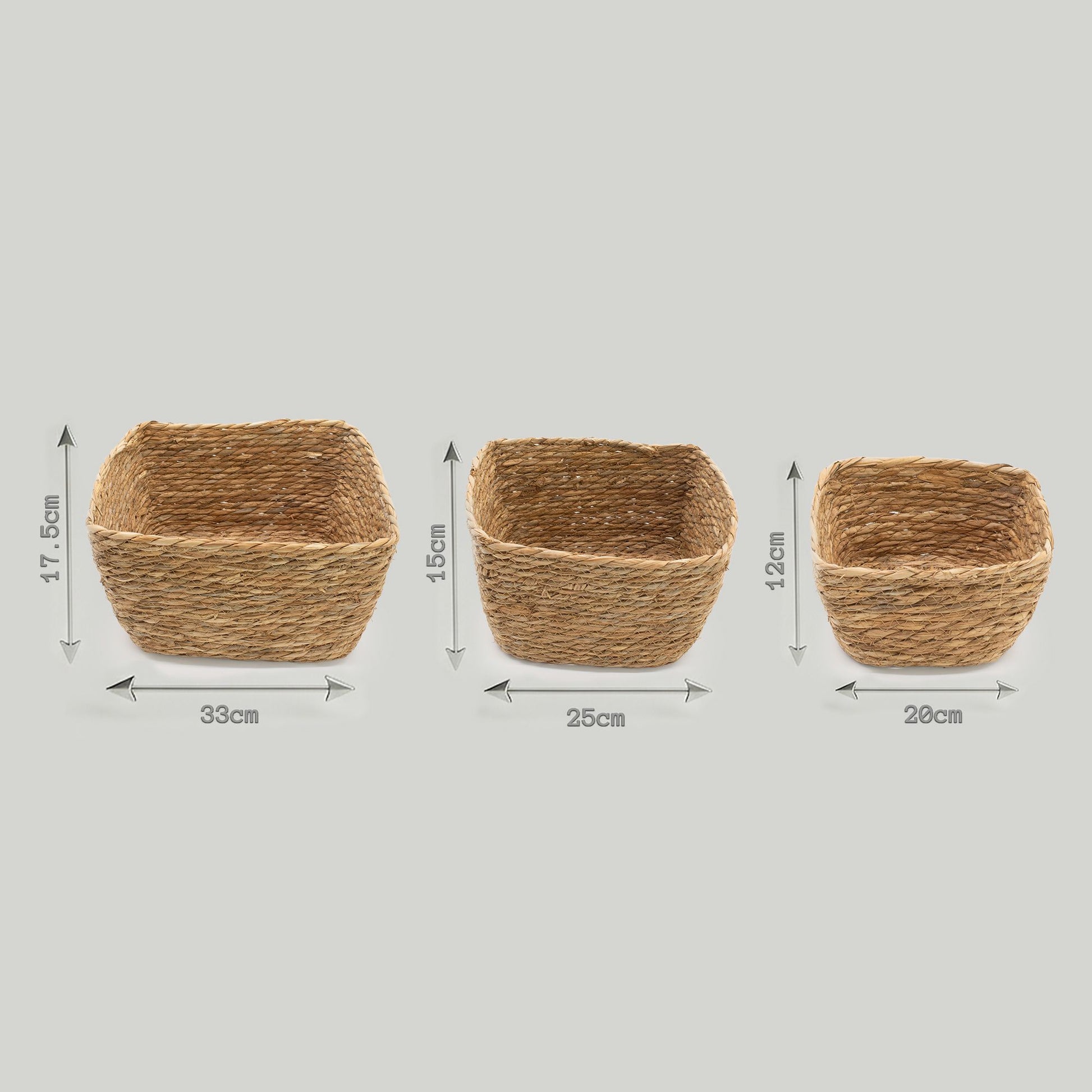 Set of 3 natural seagrass square baskets with dimensions labeled.