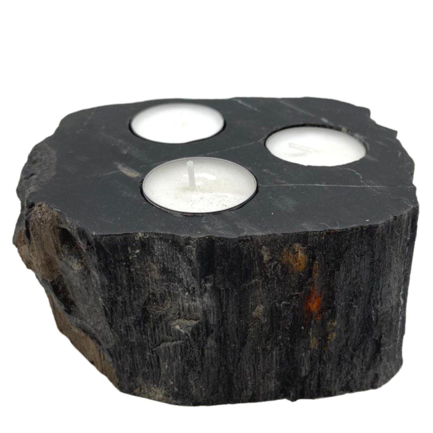 Versteinerter Holz-Teelichthalter mit drei Kerzen auf weißem Hintergrund.