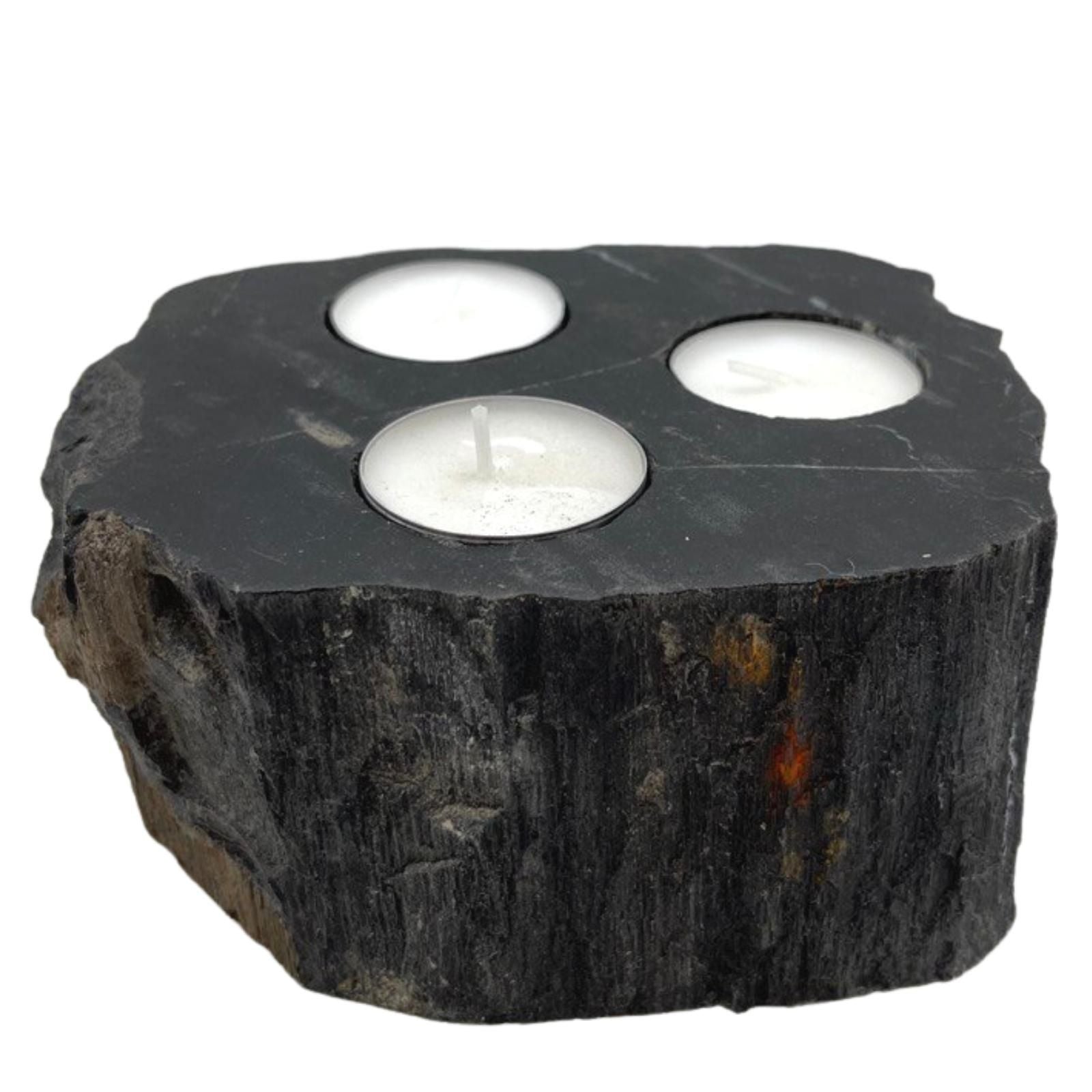 Versteinerter Holz-Teelichthalter mit drei Kerzen auf weißem Hintergrund.