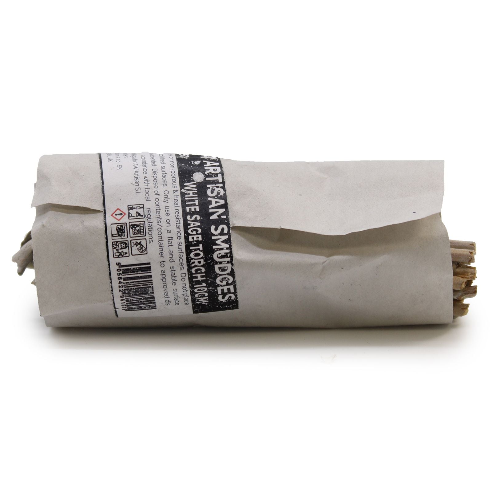Artisan Smudges White Sage Torch 10cm smudge stick wrapped in paper.
