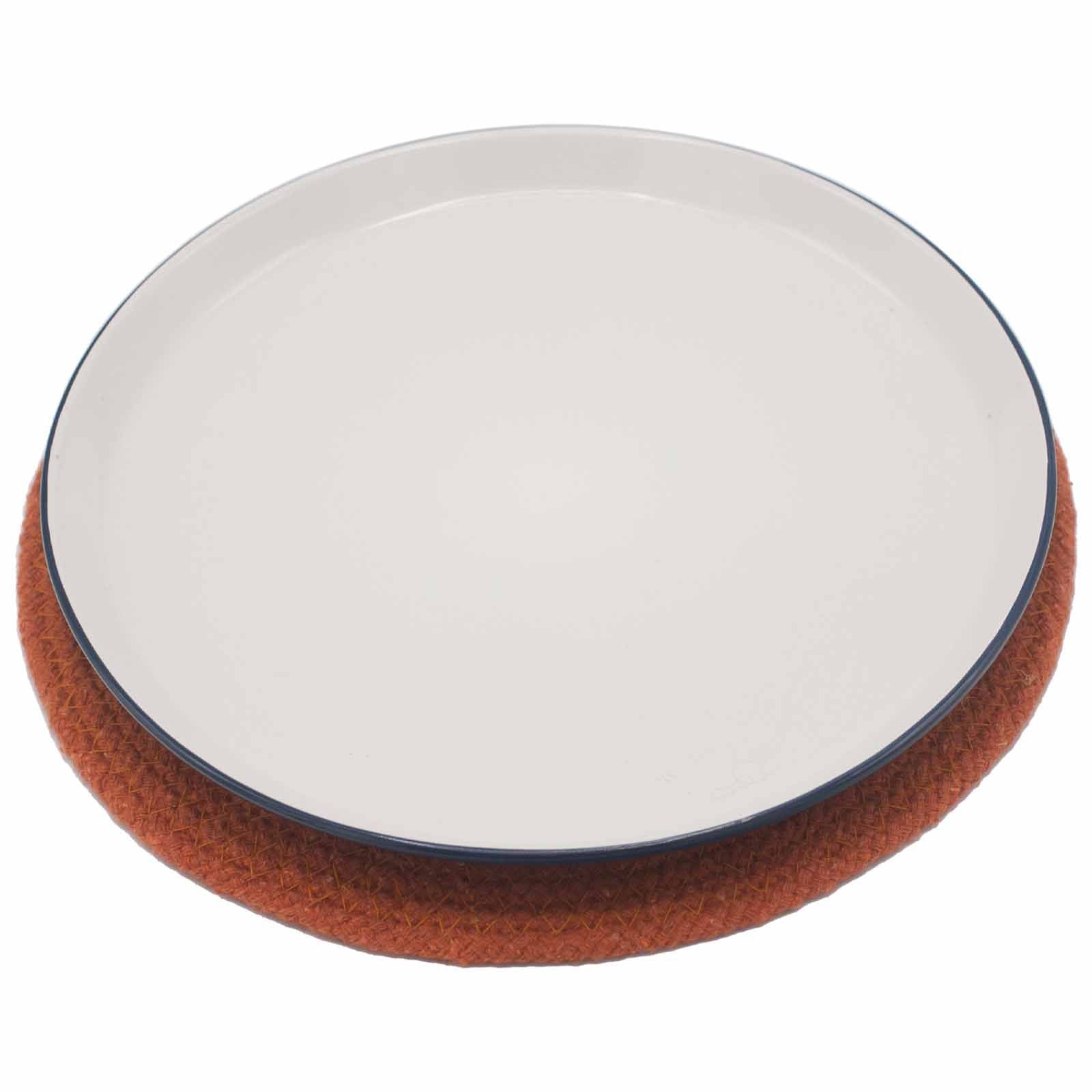 Round jute and cotton placemat with a clay border.