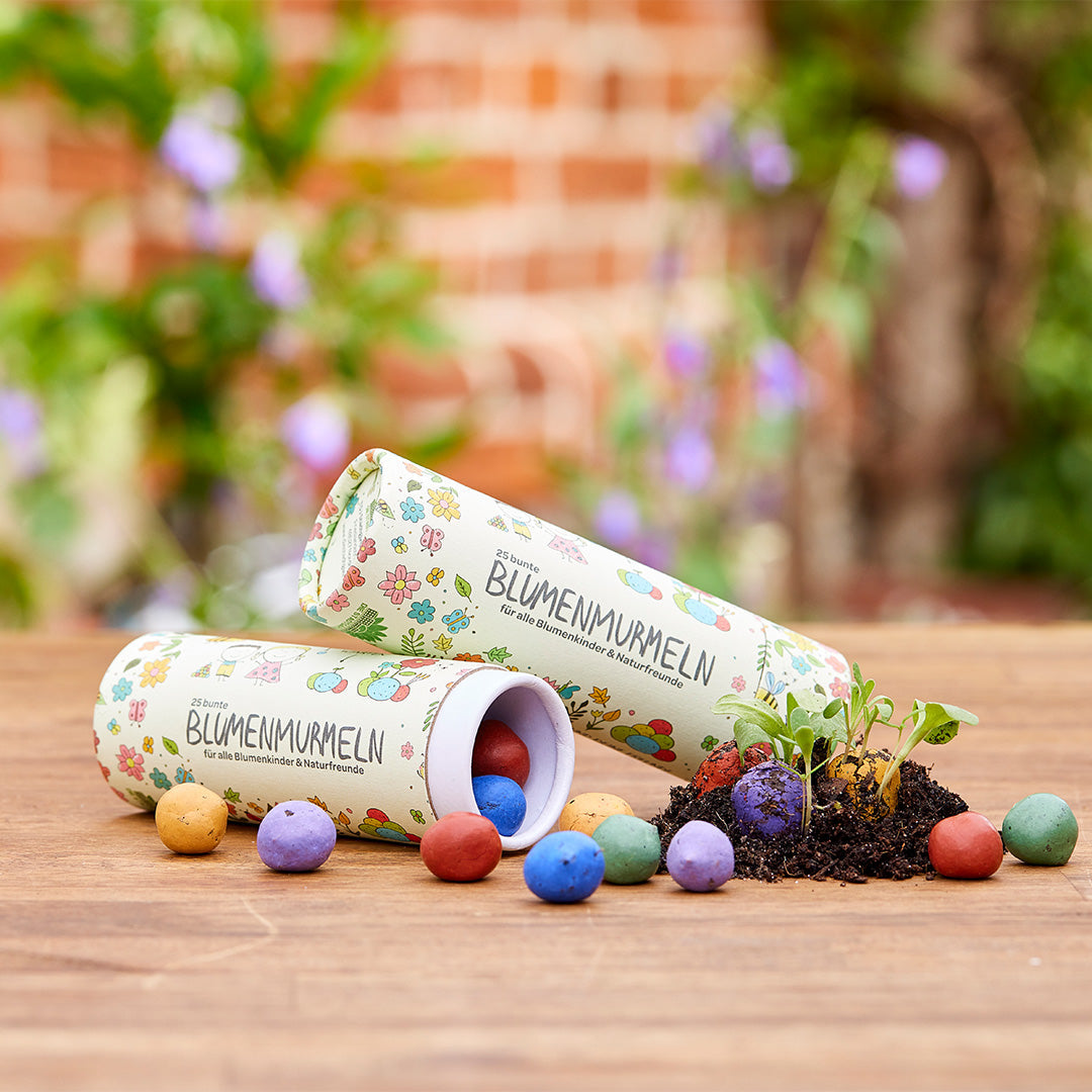 Dose mit 25 bunten Blumenmurmeln