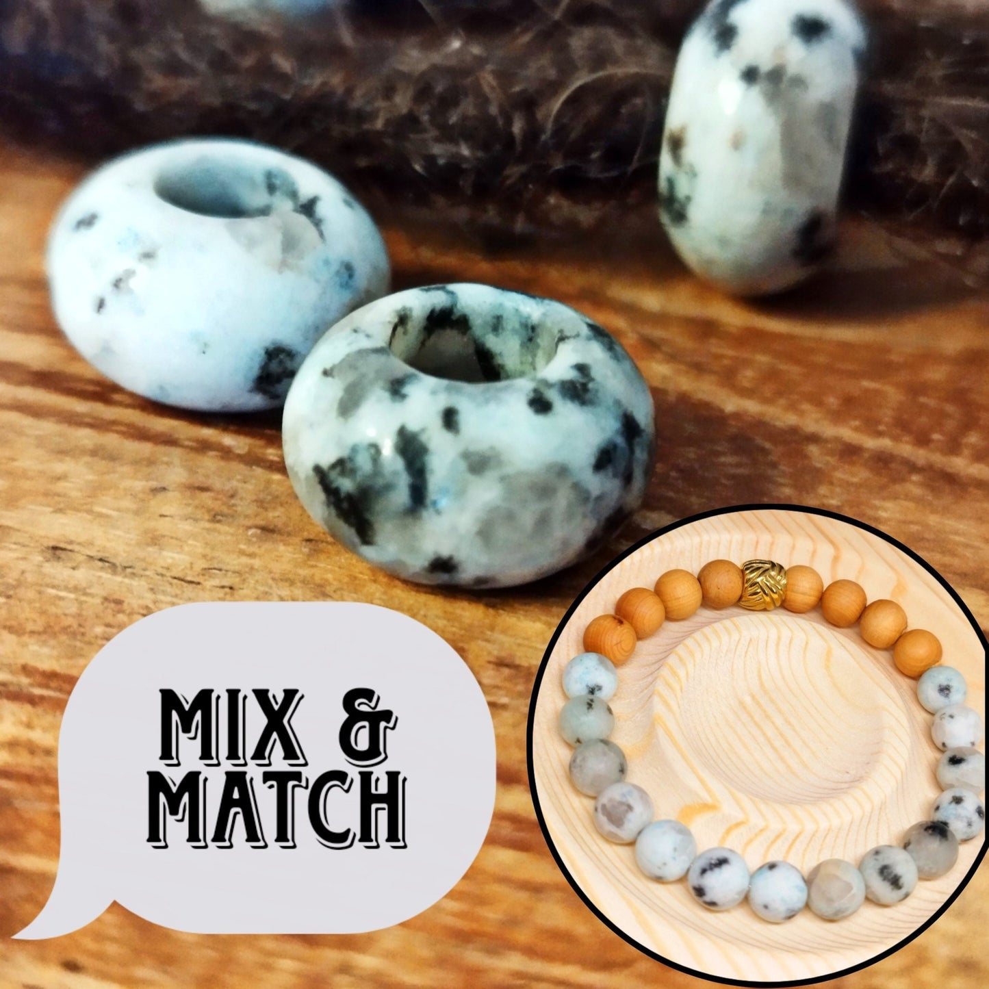 Dreadperlen aus Sesamjaspis mit Lochdurchmesser 6 mm und Maßen 14x8 mm.