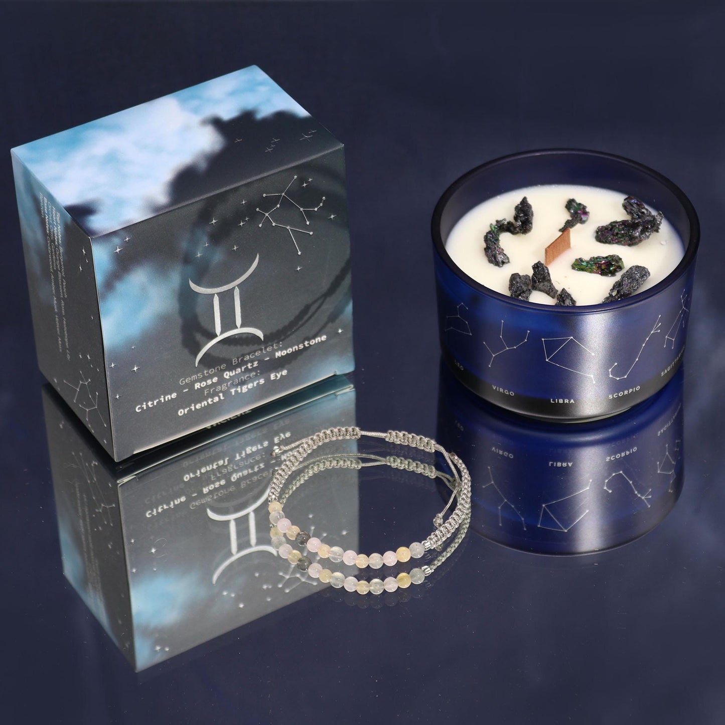 Geschenkset - Sternzeichen Kristallkerzen aus Soyawachs und natürlichen Duftölen mit Kristallen und Armband - Flow of Passion