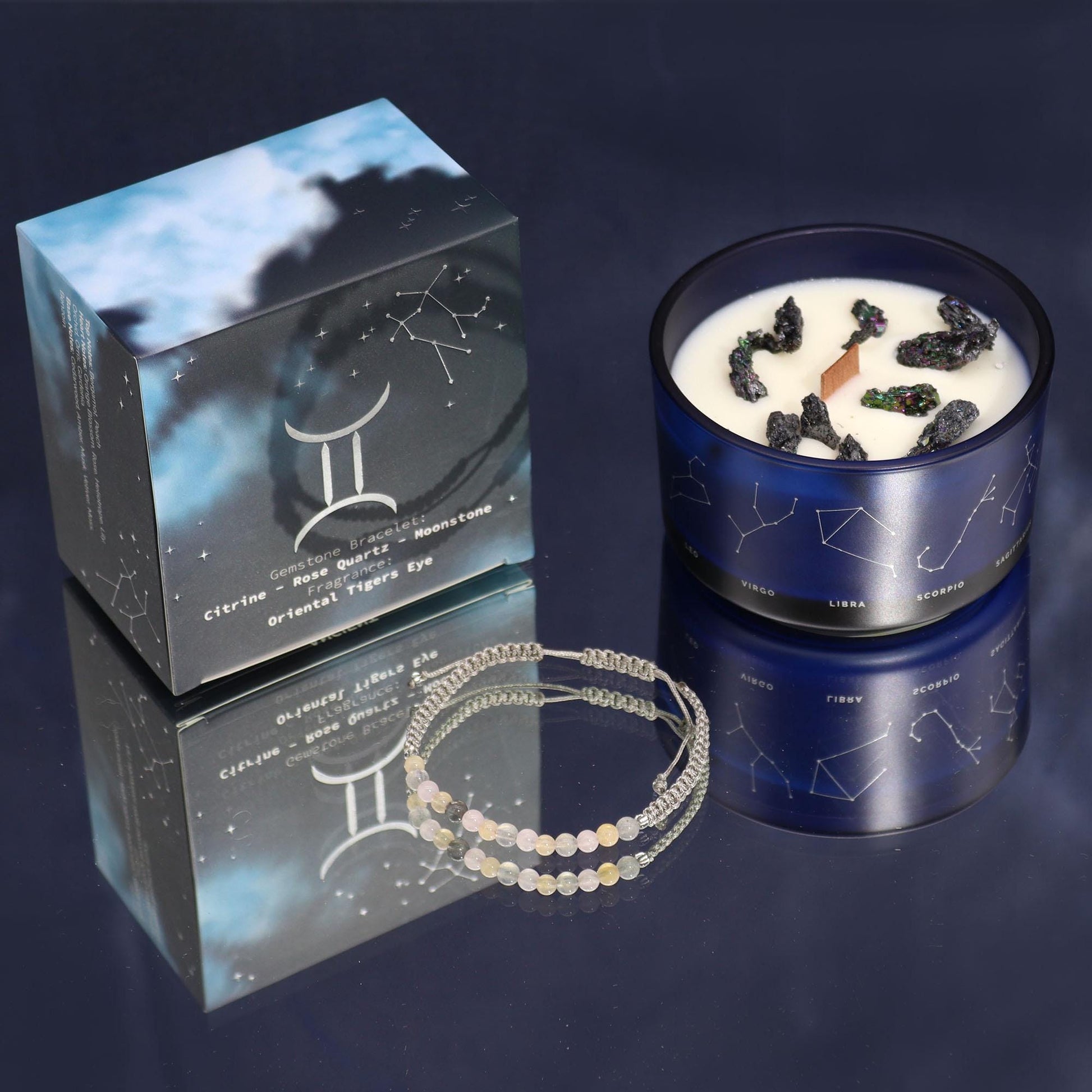 Geschenkset - Sternzeichen Kristallkerzen aus Soyawachs und natürlichen Duftölen mit Kristallen und Armband - Flow of Passion