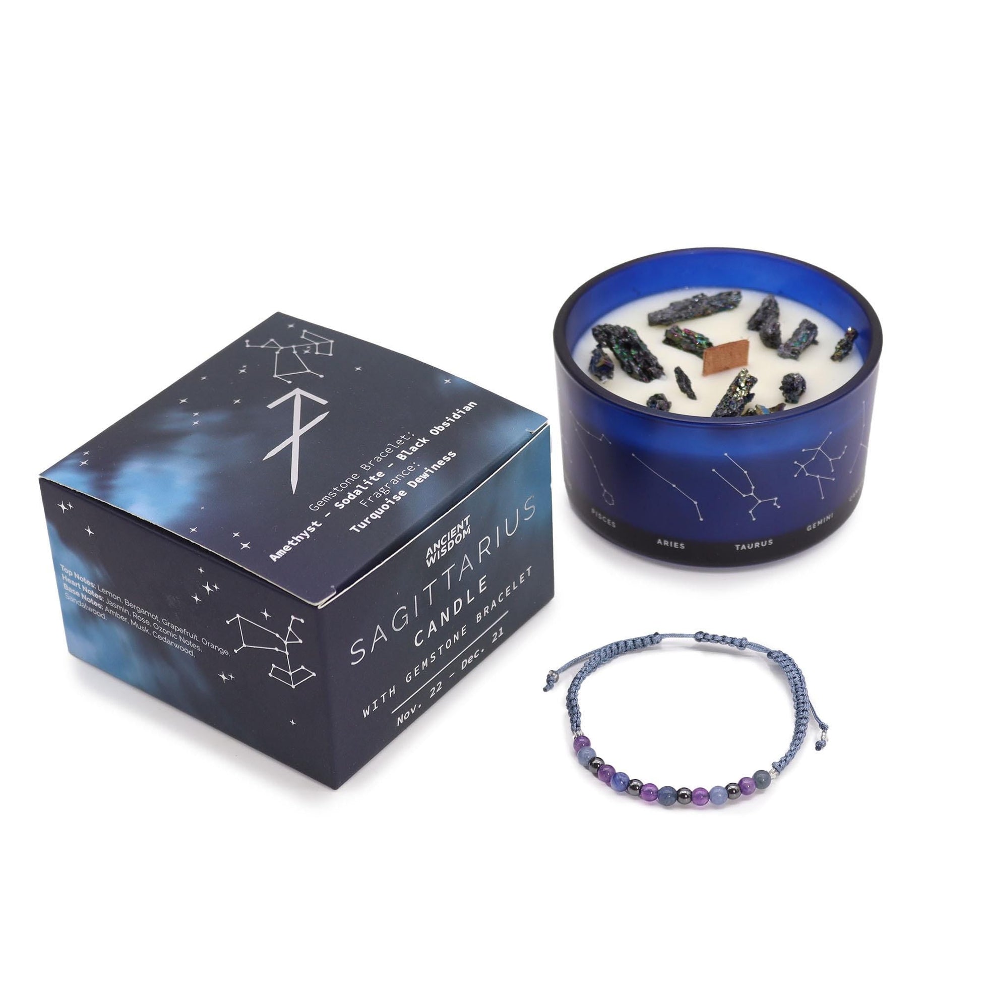 Geschenkset - Sternzeichen Kristallkerzen aus Soyawachs und natürlichen Duftölen mit Kristallen und Armband - Flow of Passion