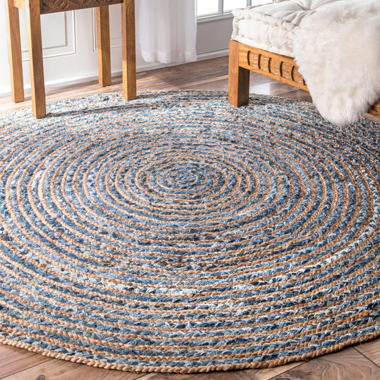 Runder Jute - & Recycled Denim Teppich – 150 cm – Handgefertigtes Unikat aus Indien - Flow of Passionteppich