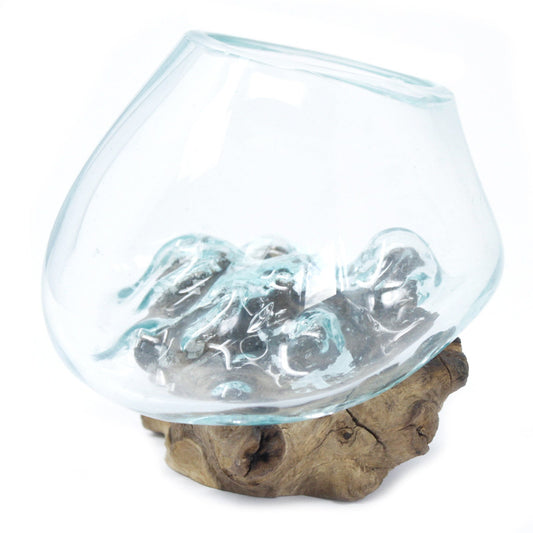 Schale - geschmolzenes Glas auf Holz - farblos, groß/mittel/klein - Flow of PassionVase
