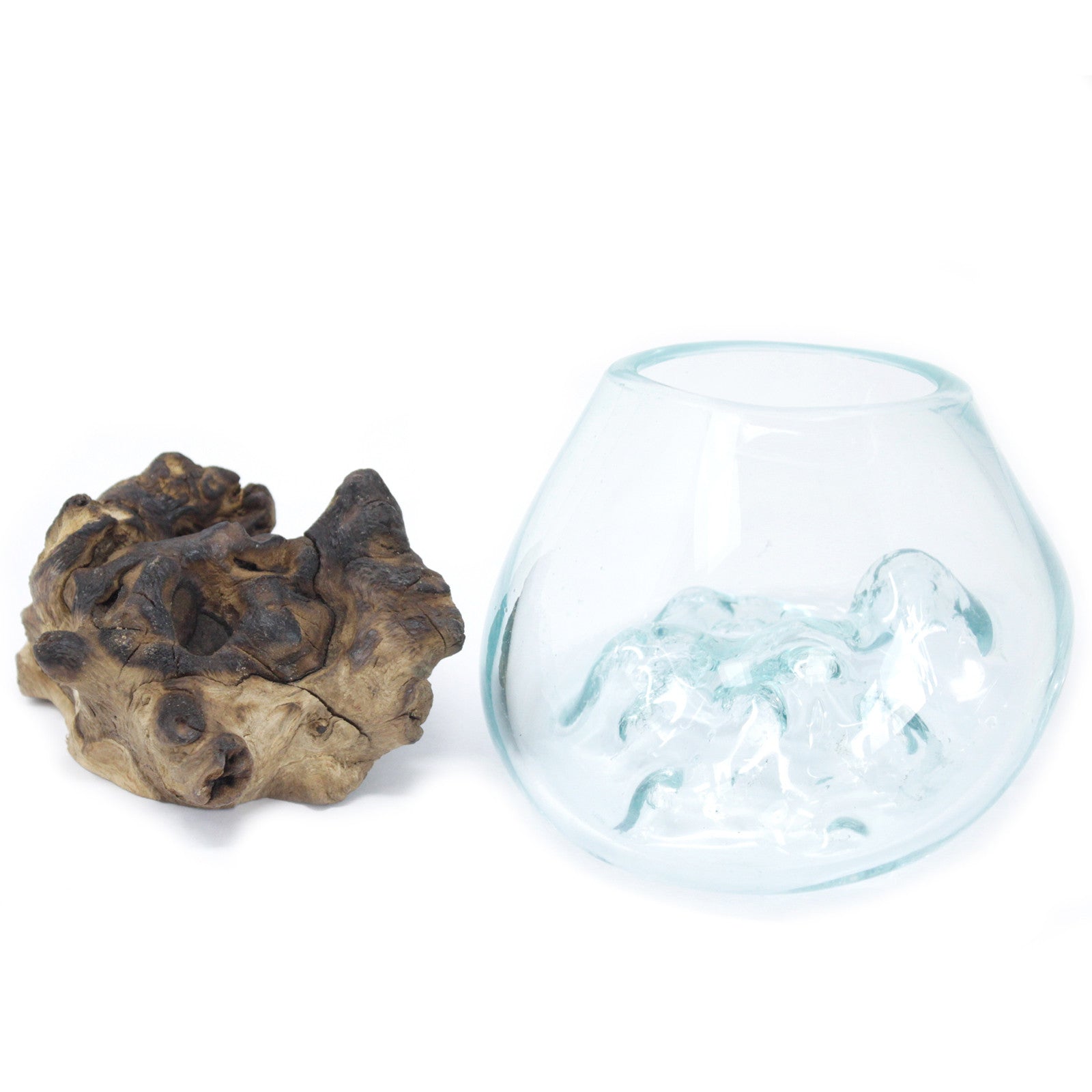 Schale - geschmolzenes Glas auf Holz - farblos, groß/mittel/klein - Flow of PassionVase