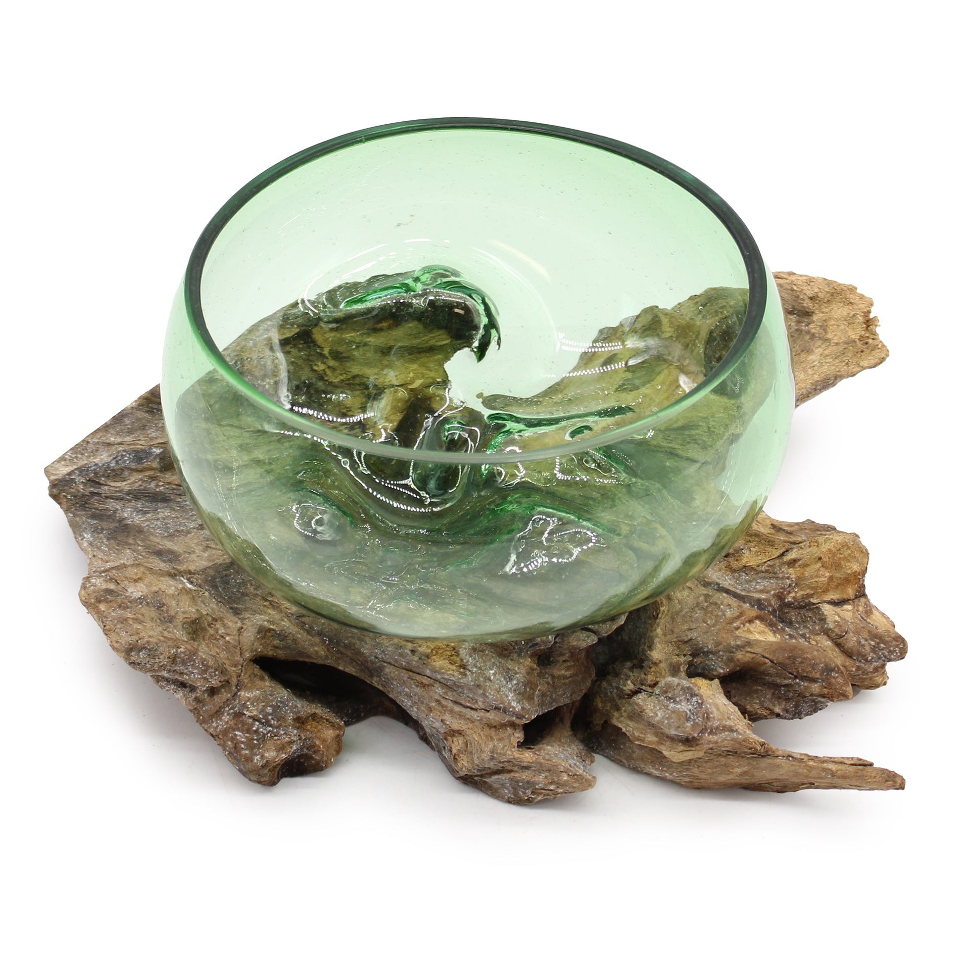Schale - Geschmolzenes Glas auf Holz - Grün groß/klein - recycelte Bierflaschen handgefertigtes Unikat - Flow of PassionVase