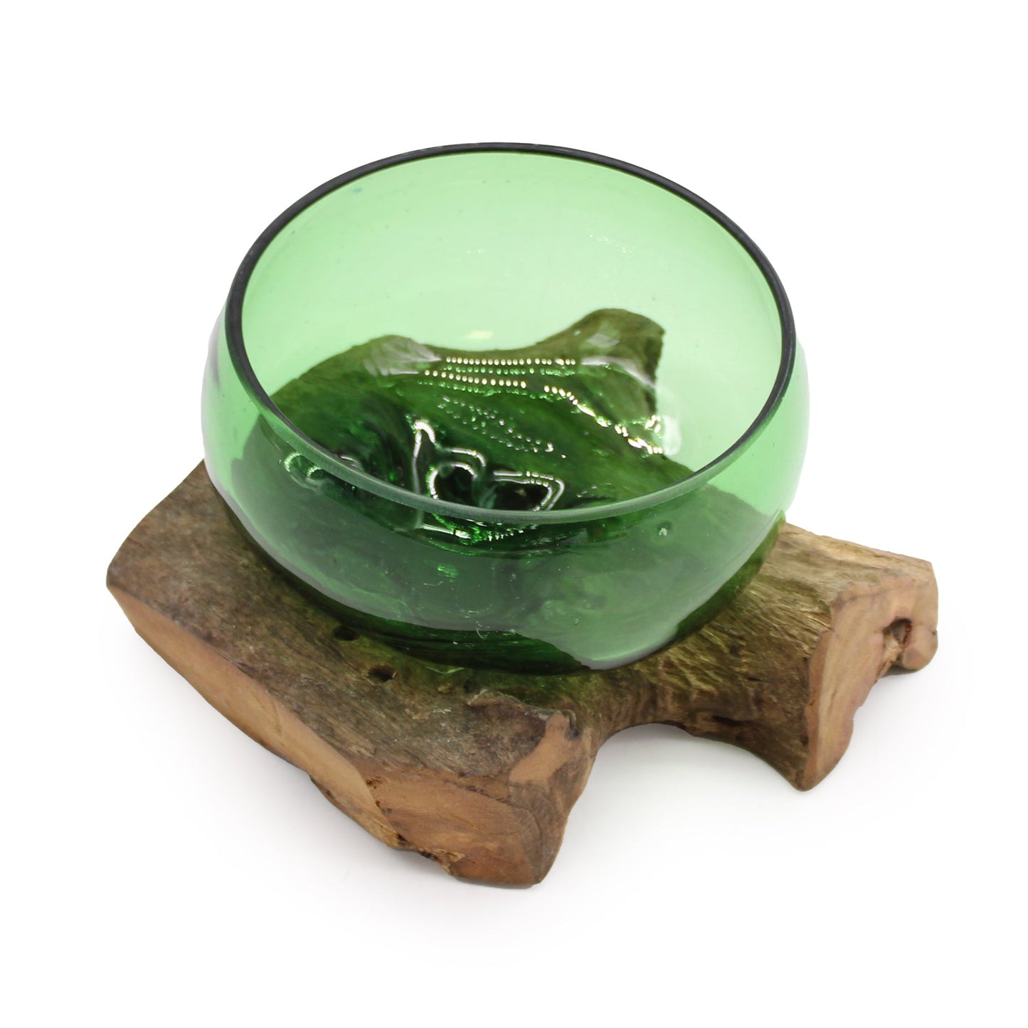 Schale - Geschmolzenes Glas auf Holz - Grün groß/klein - recycelte Bierflaschen handgefertigtes Unikat - Flow of PassionVase