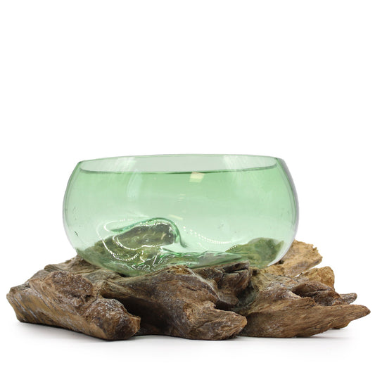 Schale - Geschmolzenes Glas auf Holz - Grün groß/klein - recycelte Bierflaschen handgefertigtes Unikat - Flow of PassionVase